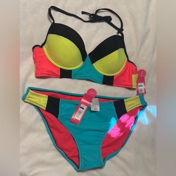 Xhilaration Other - Women's Colorblock Padded Bikini Set - Neon Pink, Aqua & Yellow